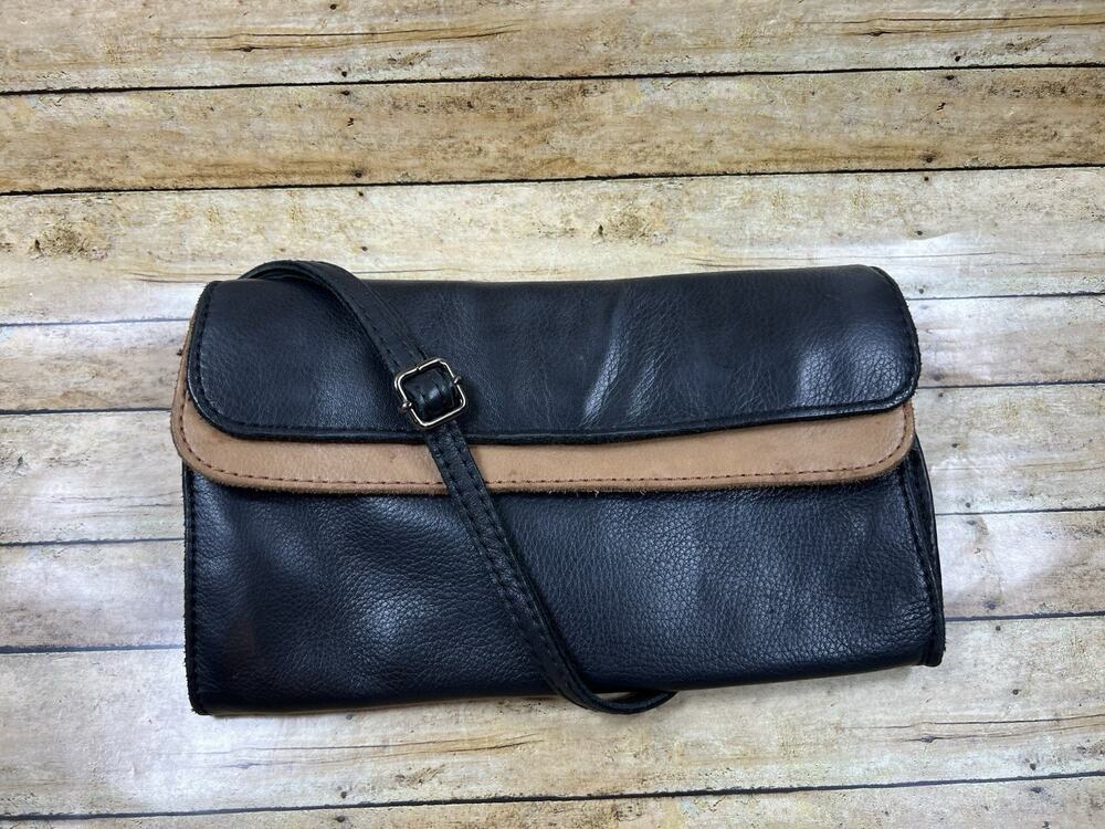 Linea Pelle Two-Tone Black Tan Leather Crossbody Shoulder Bag Minimalist